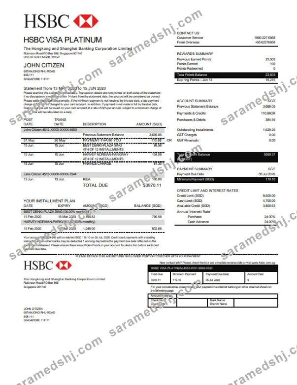 Hong Kong HSBC bank Visa Platinum credit card statement template in Word and PDF format